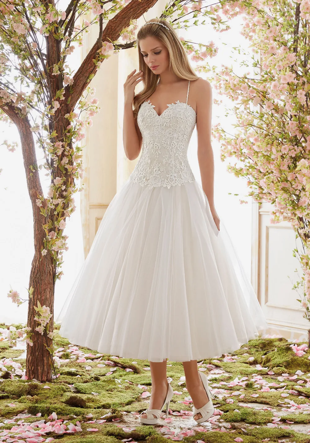Robe De Mariage милое короткое Тюлевое свадебное платье на тонких бретельках длиной до середины икры Vestido De Novia, кружевные платья для подружек невесты
