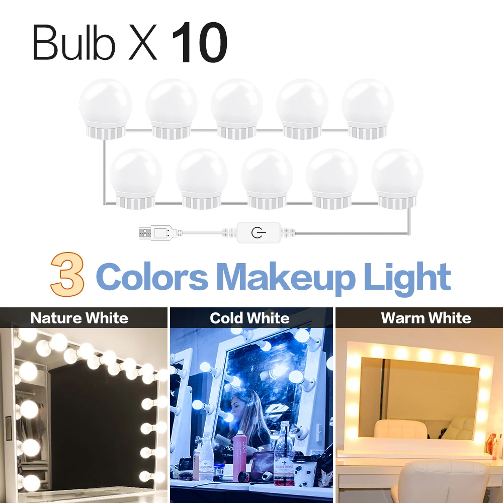 

12V Led Makeup Table Mirror Light Hollywood Vanity Lamp Led Dressing Table 10 Bulbs Kit USB 3 Mode Dimmable Make Up Mirror Bulb