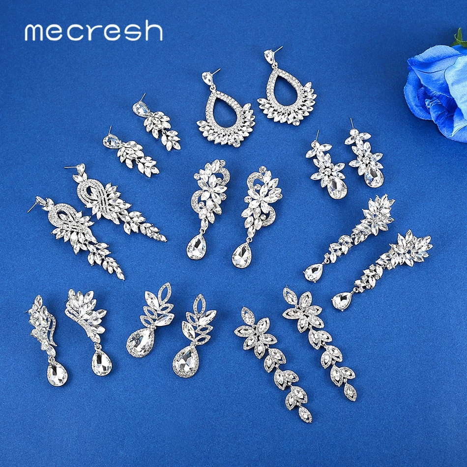 

Mecresh Luxury Horse Eye Crystal Bridal Drop Earrings for Women Silver Color Leaf Wedding Dangle Earrings Fashion Jewelry EH946