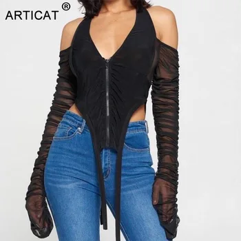 

Articat Ruched Patchwork Women Crop Top Mesh Halter See Through Long Sleeve Off Shoulder Zipper Bodycon Sexy Club Streetwear Top