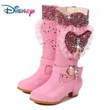 Disney/Новые высокие сапоги с бантом; обувь для девочек на высоком каблуке; сезон осень-зима; теплые детские сапоги с блестками; зимняя обувь