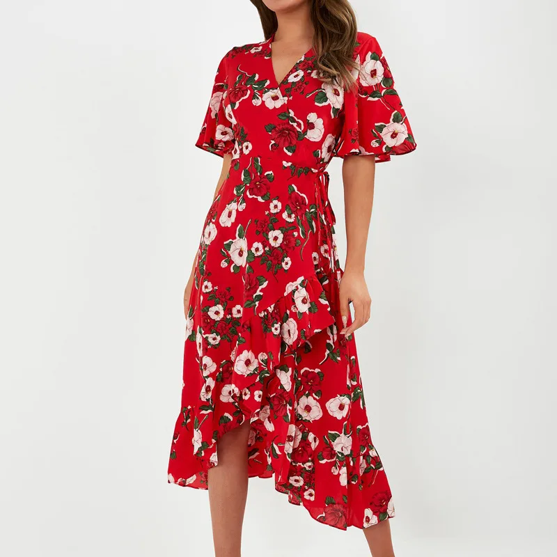 Новинка, женское летнее пляжное платье миди в стиле бохо, сексуальное винтажное длинное платье с v-образным вырезом и цветочным принтом, повседневное вечернее платье, vestidos, большой размер - Цвет: red