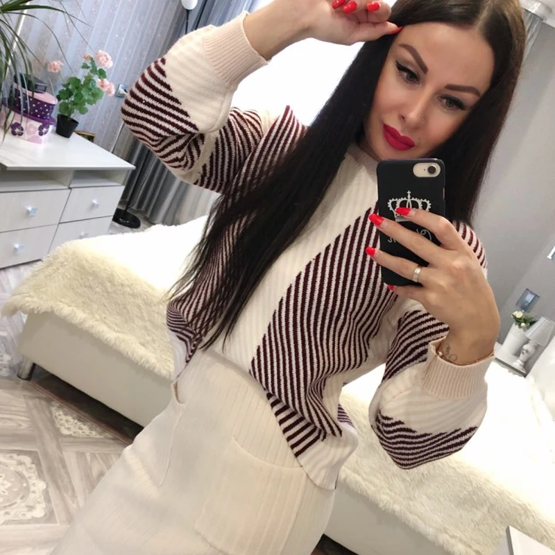 Женский осенне весенний вязаный комплект костюм плотный свободный клетчатый