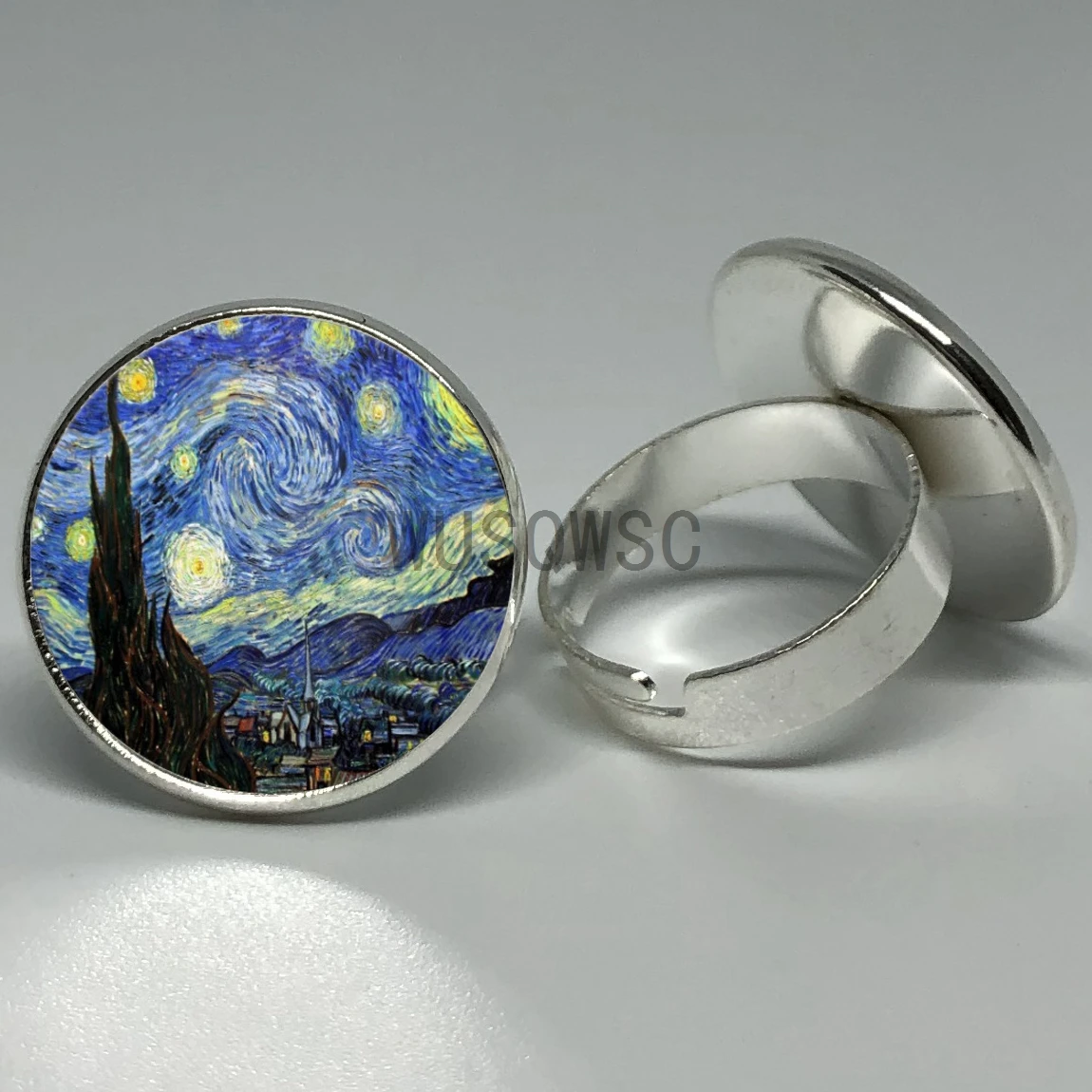 

Art Van Gogh Glass Dome Ring Fashion Beautiful Art Hand-painted Handmade Commemorative Ring Art Painting Adjustable Ring