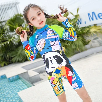 

Baby Girls Swimsuit Long Sleeve Shorts Bodysuit Swim Suit One Piece Panda Cartoon Print Cute Sunscreen Cartoon Swimsuit For Girl