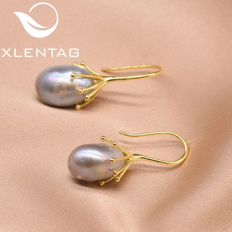 Серьги XlentAg женские из серебра 925 пробы с натуральным пресноводным серым жемчугом