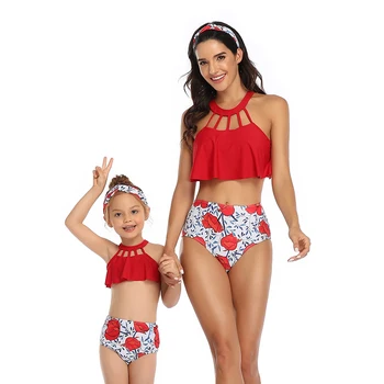 

Halter Neck Swimsuits Mother Daughter Swimwear Mommy and Me Clothes Family Matching Outfits Look Mom and Baby Bikini Beachwear