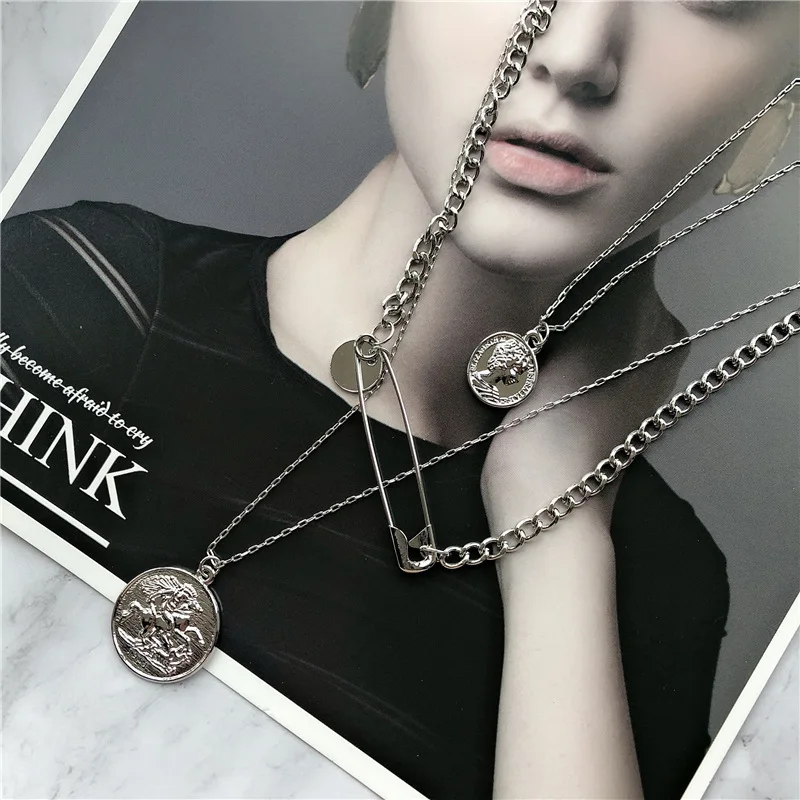 DIEZI Hip Hop Vintage Multilayer Silver Color Chain Coin Pendant Necklace Couple Punk Geometric Pendant Necklaces for Women Men