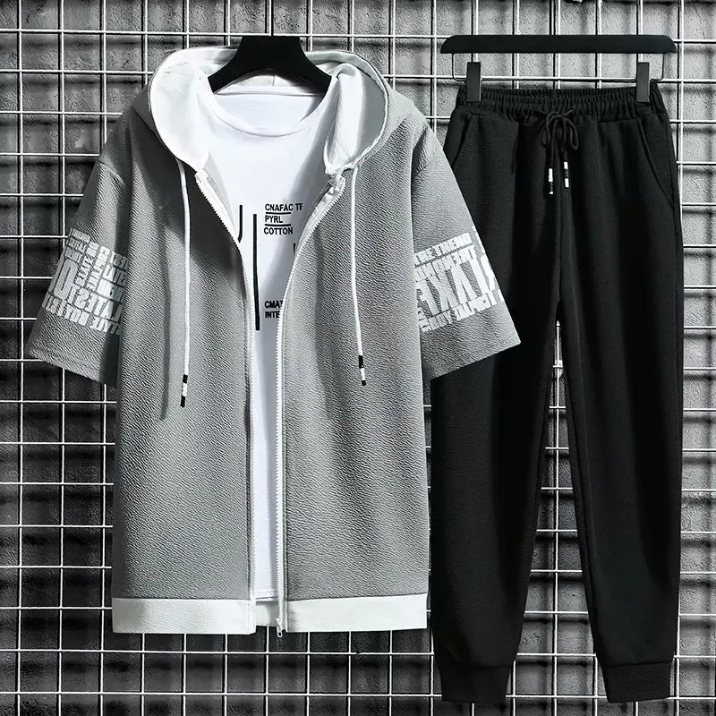 Men Clothing Two Piece Set Hooded Zipper Short Sleeve Tops + Elastic Waist Trousers Korean Streetwear Tracksuit Men sports set tracksuit set