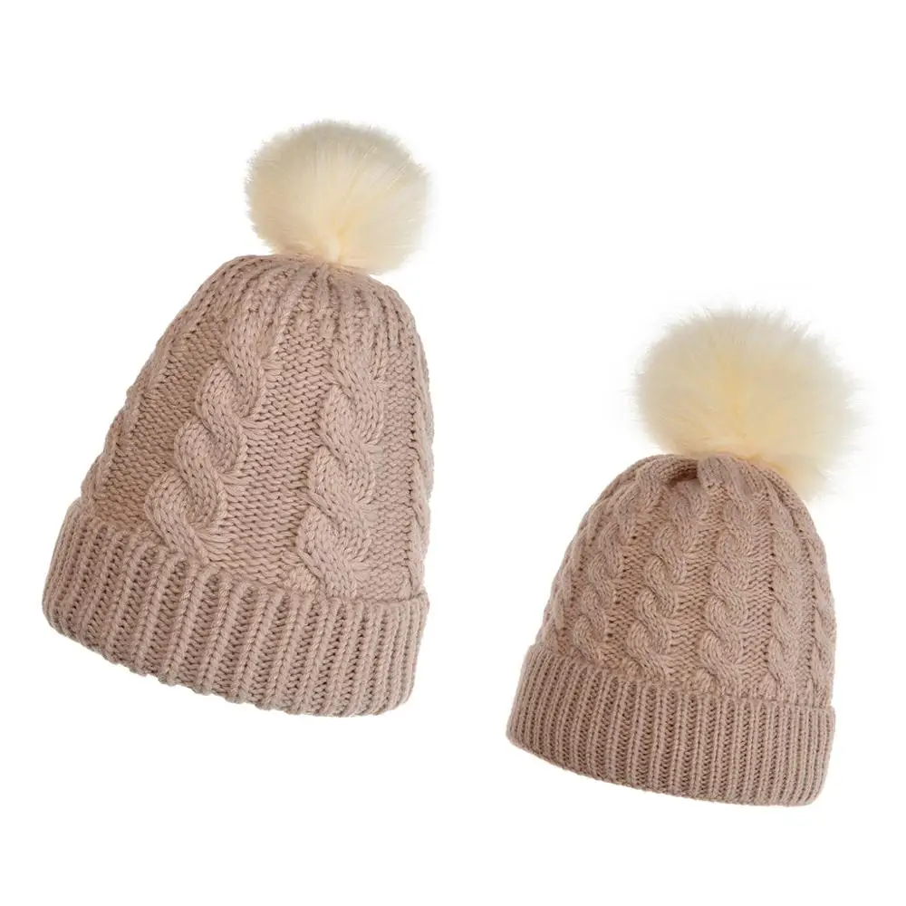 

Mother Baby Fur Ball Hat Knitted Parent-Child Beanie 2020 Winter Family Matching Head Warm Accessories Xmas Gift Pompom Hats