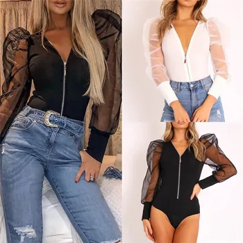 

Women Plus Size Sheer Mesh Clubwear Long Puff Sleeve Bodysuit Front Zip Up See-through Vintage Patchwork Bodycon Slim Bodysuits