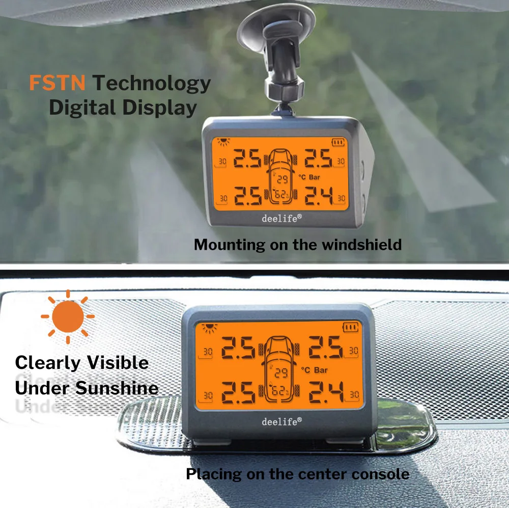 Deelife Car TPMS Solar Tire Pressure Monitoring System For 4 Wheel Alarm Warning With 0-8 Bar Tyre Tpms 4 Sensors rear view mirror reverse camera