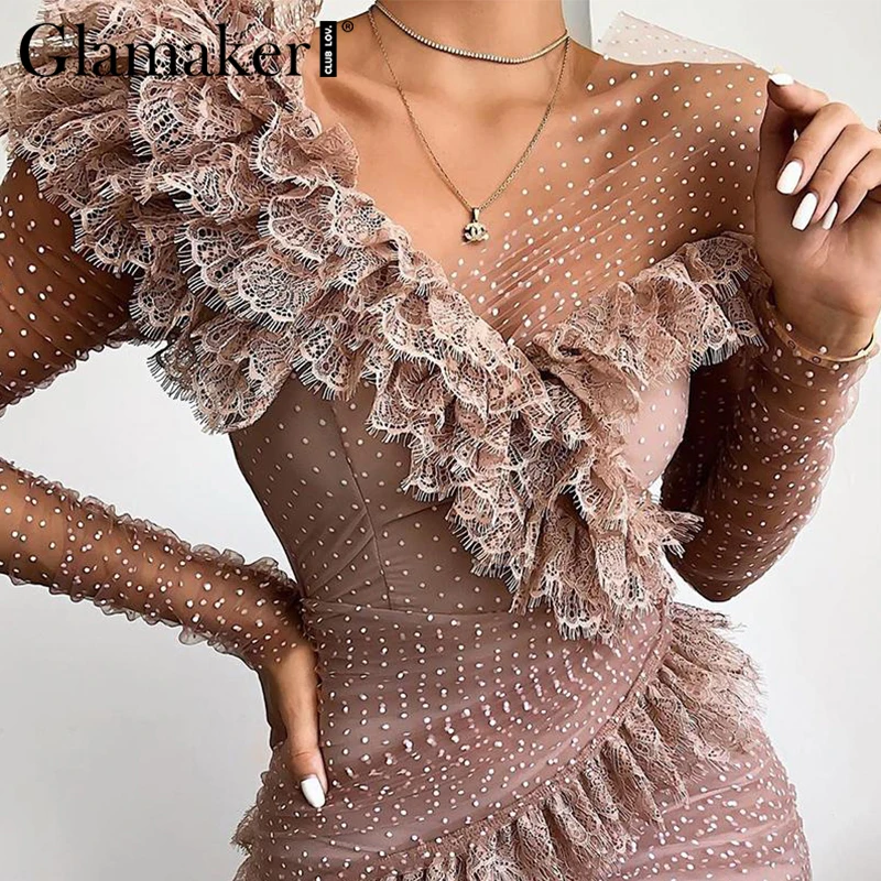 

Glamaker Sexy club v neck mini dress women Pink ruffle lace dress long sleeves Polka dot bandage high waist short dress female