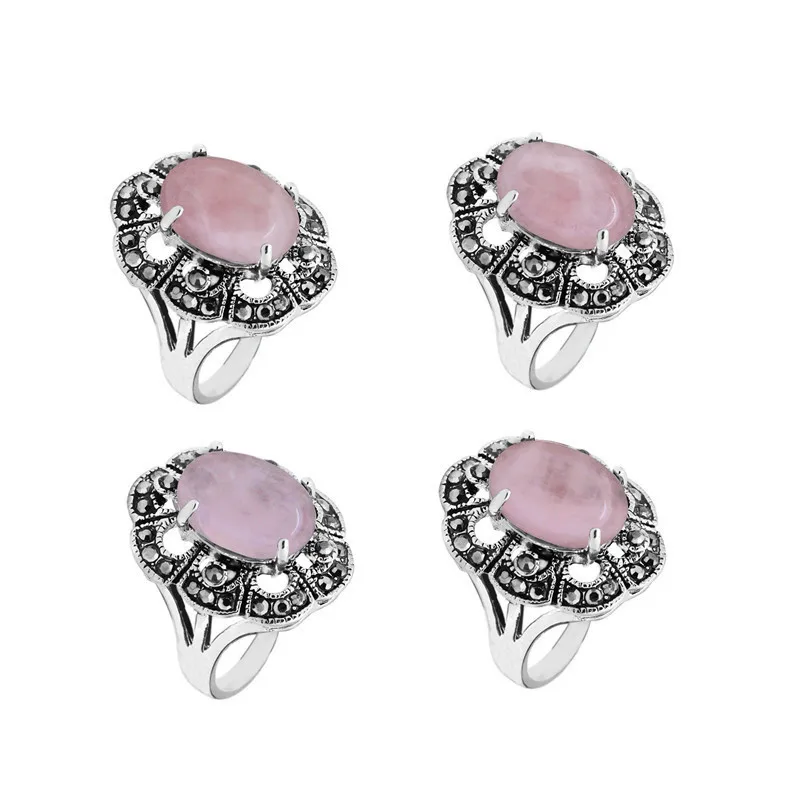 Oval Natural Stone Quartz Rings For Women Antique Silver Plated Rhinestone Plum Flower Vintage Fashion Jewelry TR710