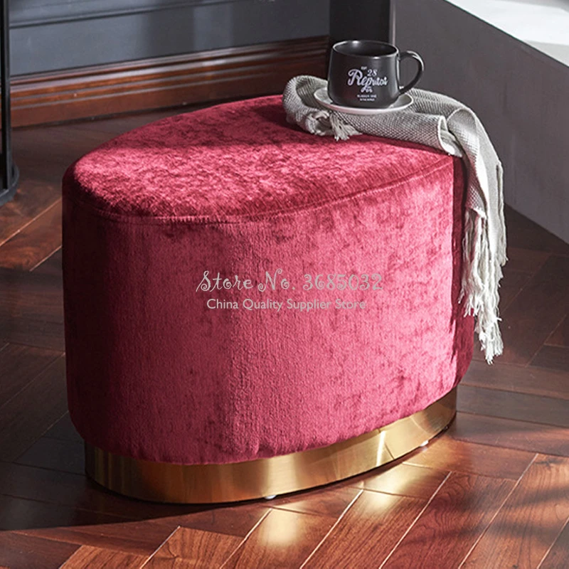 Tabouret nordique de luxe en fer doré pour la maison, repose-pieds en métal, tissu velours doux, lit d'enfant, canapé de salon