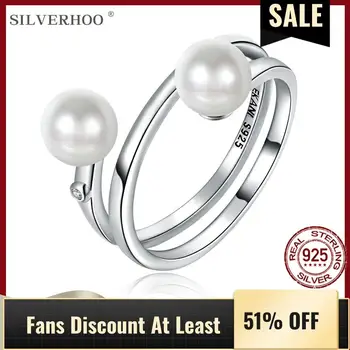 

SILVERHOO 925 Sterling Silver Rings Women Artificial Pearl Retro Style Lines Ring Anniversary Fine Jewelry Simple Gift Hot Sale