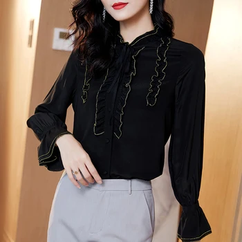 

100% Natural Silk Women Black Tops Blouses Elegant Vintage Flare Sleeve Ruffles Pure Real Silk Office Lady Shirt Blouse Autumn