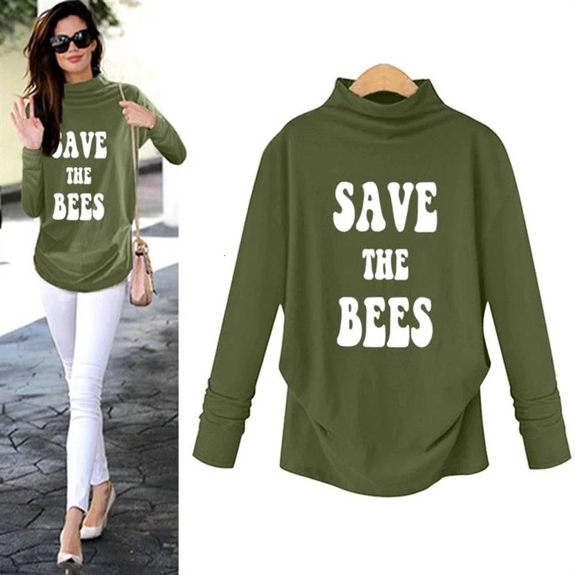

2019 Fashion Save The Bees Letters Print T-Shirt For Women Long Sleeve Collar T-Shirt T-Shirt Top Plus Size Women Tops Feminine
