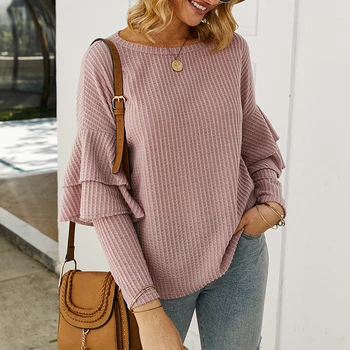

Fashion Women Sweater 2020 Autumn Winter Long Sleeve Round Leader Son Lotus Leaf Edge Stitching Solid Color Blouse Sweaters
