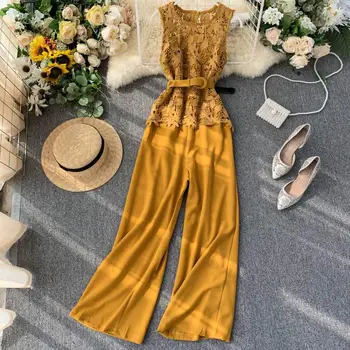 

2020 New Hollow Out Lace Patchwork Slim Wide-leg Jumpsuit Sleeveless Solid Belted Women Fashion Rompers