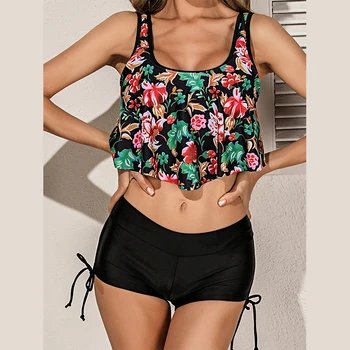 

New Floral Print Tankini Set Women Lace Up Shorts Push Up Ruffle Swimsuit Femme Brazilian Bathing Suits Biquini Beach Wear