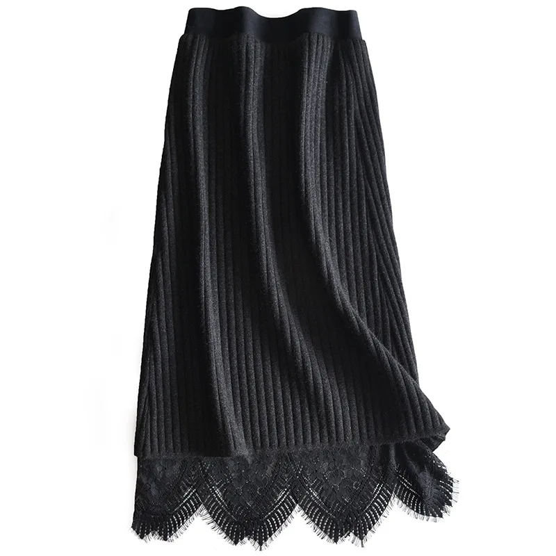 Knitted skirt in the long section stitching lace skirt Korean women's slim pack hip skirt two kinds of wearing