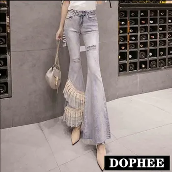 

Layers Lotus-leaf Lace Stitched Jeans Pants Super Fairy Beads Skinny Flare Trousers Ladies High Waist Ripped Long Denim Trousers