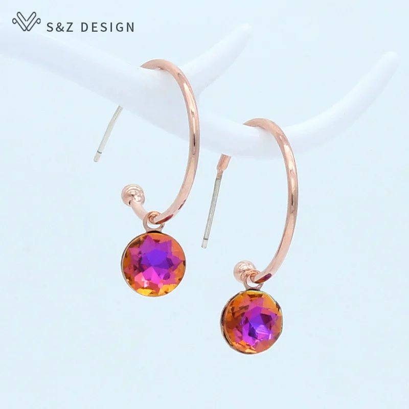 S&Z DESIGN New Fashion 585 Rose Gold Color Round Crystal Dangle Earrings For Women Wedding Party Jewelry