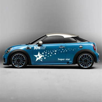 

New Arrival High Quality 2 Pcs Car SUV Racing White Long Stripe Graphics Side Body Vinyl Decal Super Star