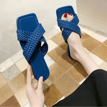 

PU Women Slippers Fashion Square Toe Cross Woman Slides Casual Flat Lady Shoes Sewing Open Toe Leisure Female Shoes 2020 Summer
