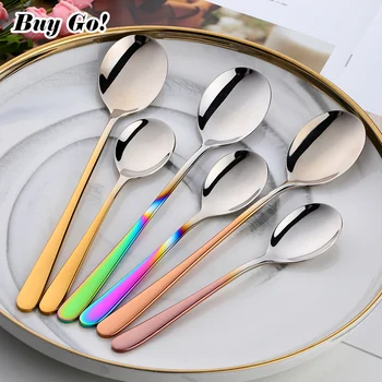 

1PC Colorful Stainless Steel Korean Dessert Spoon Gold Silver Coffee Spoon With Long Handle Ice Cream Mixing Tea Spoon Tableware