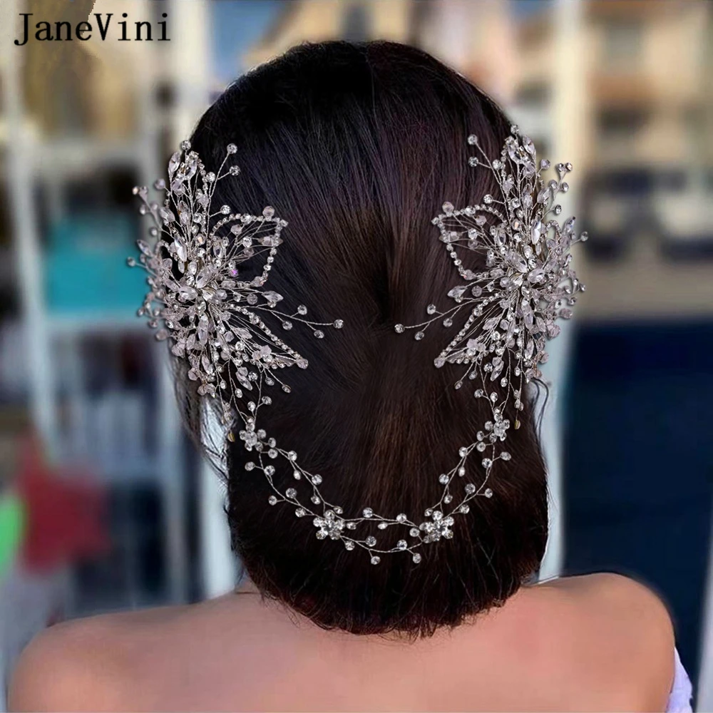

JaneVini Luxury Bridal Tiaras Rhinestone Hair Comb Bling Silver Flower Headband for Wedding Dress Bride Jewelry Hair Accessories