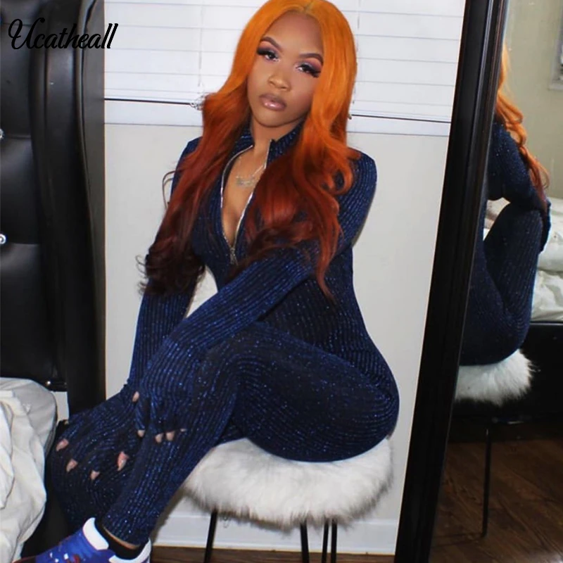 Женский модный комбинезон с длинным рукавом на молнии сексуальный в полоску