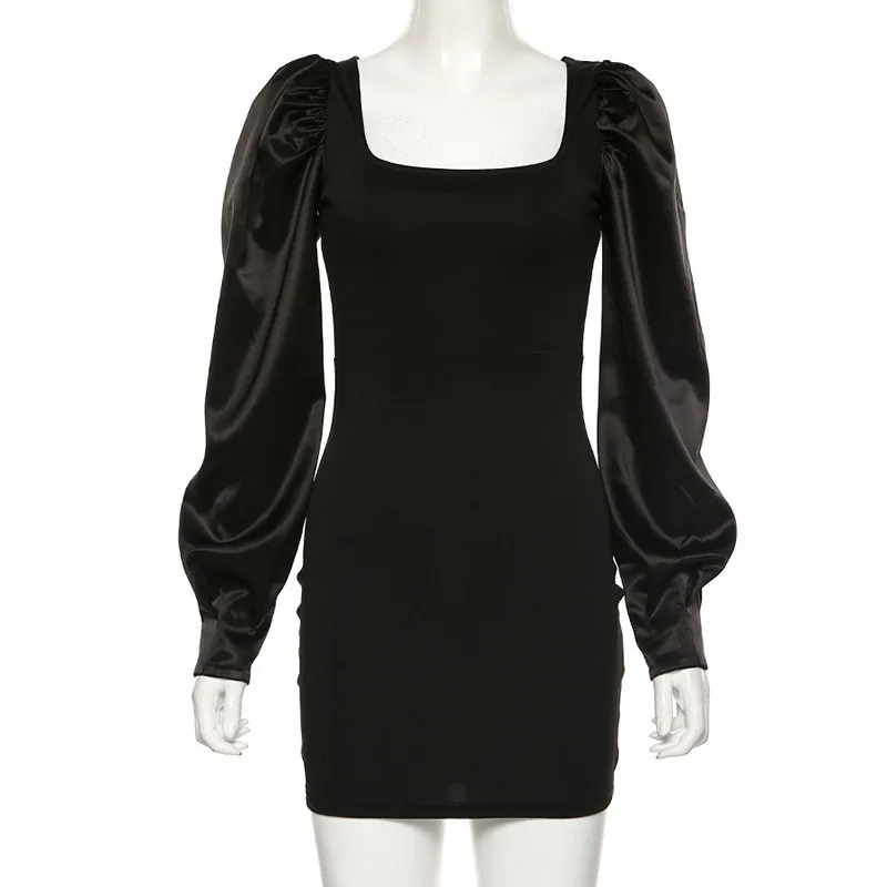 Hugcitar длинное с пышными рукавами, из кусков, облегающее обтяжку мини-платье на осень-зиму женское Вечерние Нарядные элегантное чистый черное наряды уличная одежда - Цвет: Черный