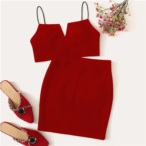 SHEIN модный топ с v-образным вырезом и юбка, летний женский комплект из двух частей без рукавов - Цвет: Красный