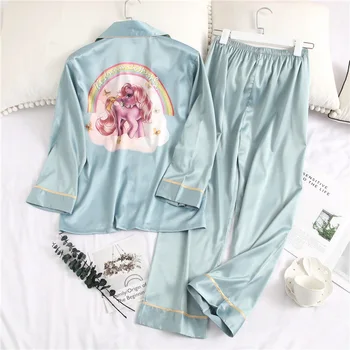 

Women Pajamas Ice Silk Cute Cartoon Unicorn Printing 2 Pieces Pajamas Set Long Sleeve And Pants Turn-down Collar Home Clothes