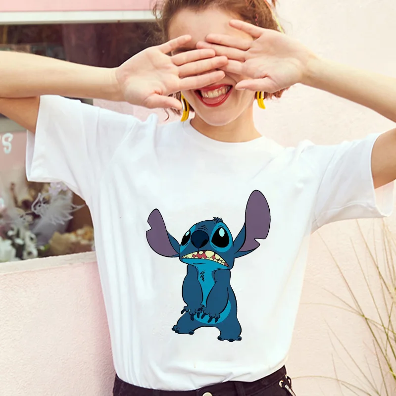 

Casual Showtly Lilo Stitch Lie On Women T Shirt Harajuku Kawaii Short Sleeve Vintage Lovely Female Casual Cute Tee