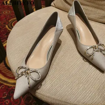 

ALLBITEFO sliver heels genuine leather brand high heels office ladies shoes women high heel shoes bowtie women heels
