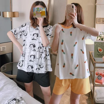 

2020 Summer Short Sleeve Pajama Sets for Women Loose Print Shorts Sleepwear Suit Pyjama Femme Homewear Pijama Mujer Home Clothes