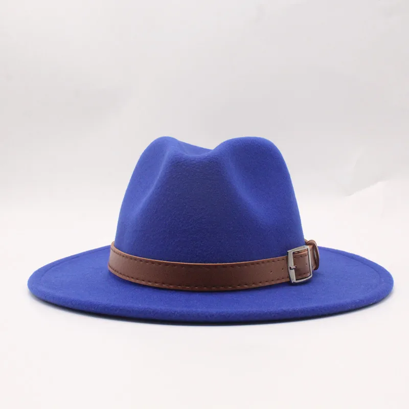 Новинка Зима Осень шерсть для женщин мужчин ремень дамы Fedoras Топ джаз шляпа Европейский Американский круглые шапки котелок шапки