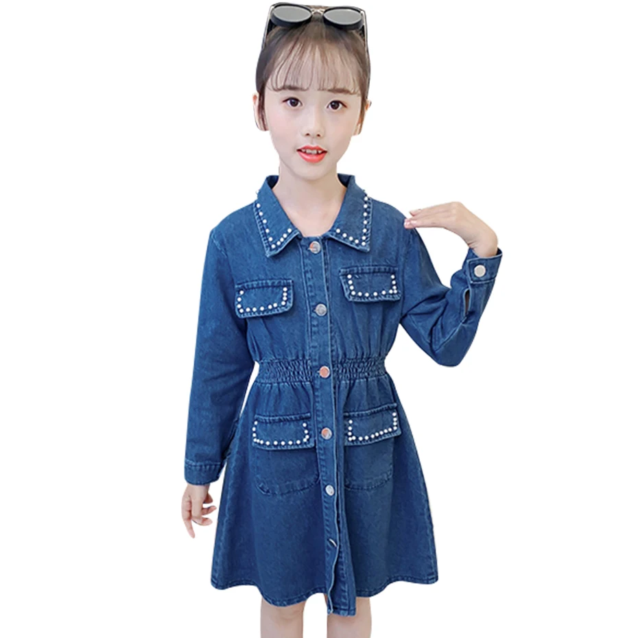 Dress Girl Solid Color Kids Denim Dresses For Girls Casual Style Party