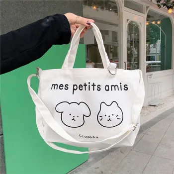 

Fashion Cartoon Cat Dog Women Canvas Handbags Lovely Girls Student Shoulder Crossbody Bags Large Capacity Ladies Shopping Bag