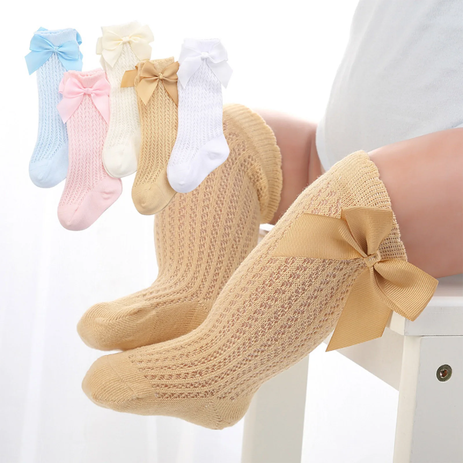 Calcetines para bebés e infantes con lazo, de algodón, hasta la rodilla, para primavera y verano