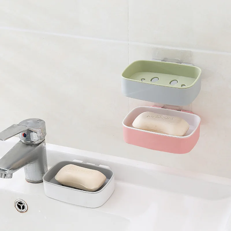 

Bathroom Creative Hole Punched Double Layer Soap Dish Seemless Adhesive Wall-Mounted Water Draining Soap Box Bathroom Storage Sh