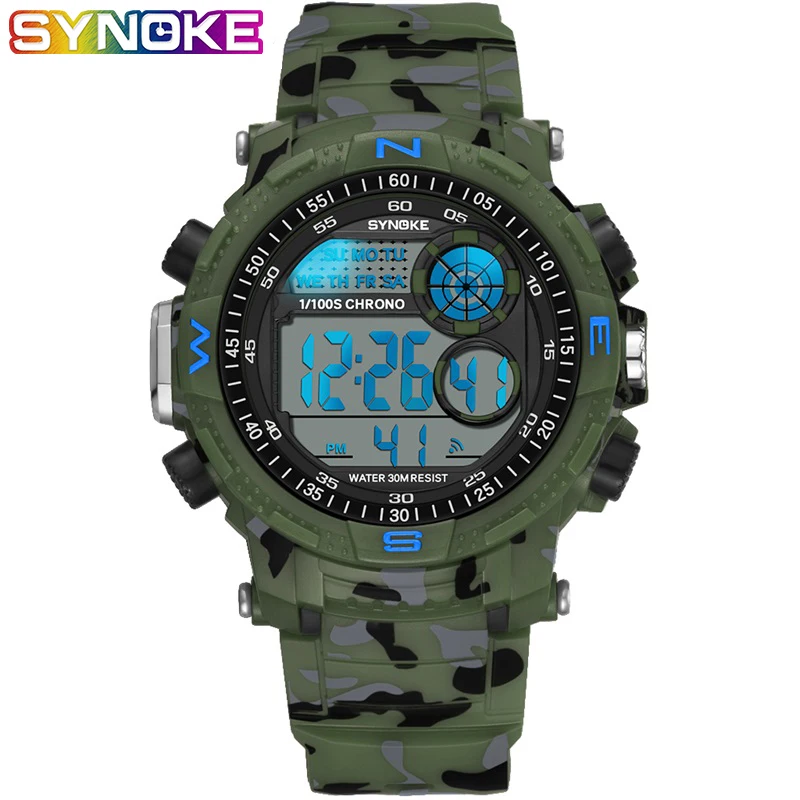 

SYNOKE 9033 Militray Men Watch Camouflage Band Colorful Light Digital Watch Date Week Alarm Fashion Men Sport Wristwatch