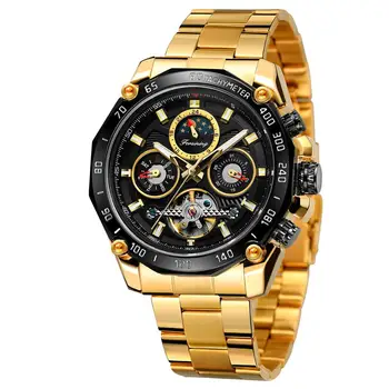 

Forsining Golden Automatic Men Watches Tourbillon Mechanical Self Winding Moonphase Calendar Male Steel Band Clock Reloj Hombre