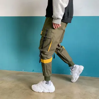 

Men Ribbons Color Block Black Pocket Cargo Pants Harem Joggers Harajuku Sweatpant Hip Hop Trousers