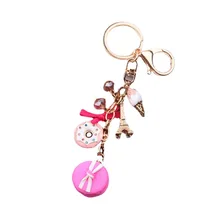 Japan Candy Little Flower Keychain Donuts Bowknot Decoration Keyring Wome's Girl Bag Holder Charm Jewelry Tower Key Accessories