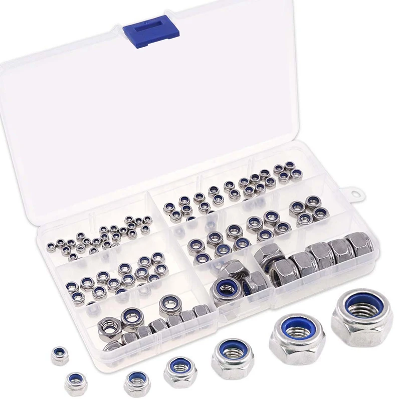 

100Pcs 304 Stainless Steel Metric Nylon Insert Lock Nut Assortment Kit - 7 Sizes: M3 M4 M5 M6 M8 M10 M12