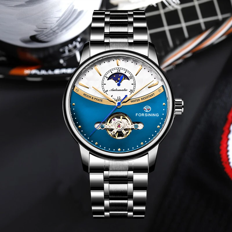FORSINING брендовые автоматические механические мужские часы Tourbillon Moon Phase Мужские спортивные часы из нержавеющей стали Relogio Masculino